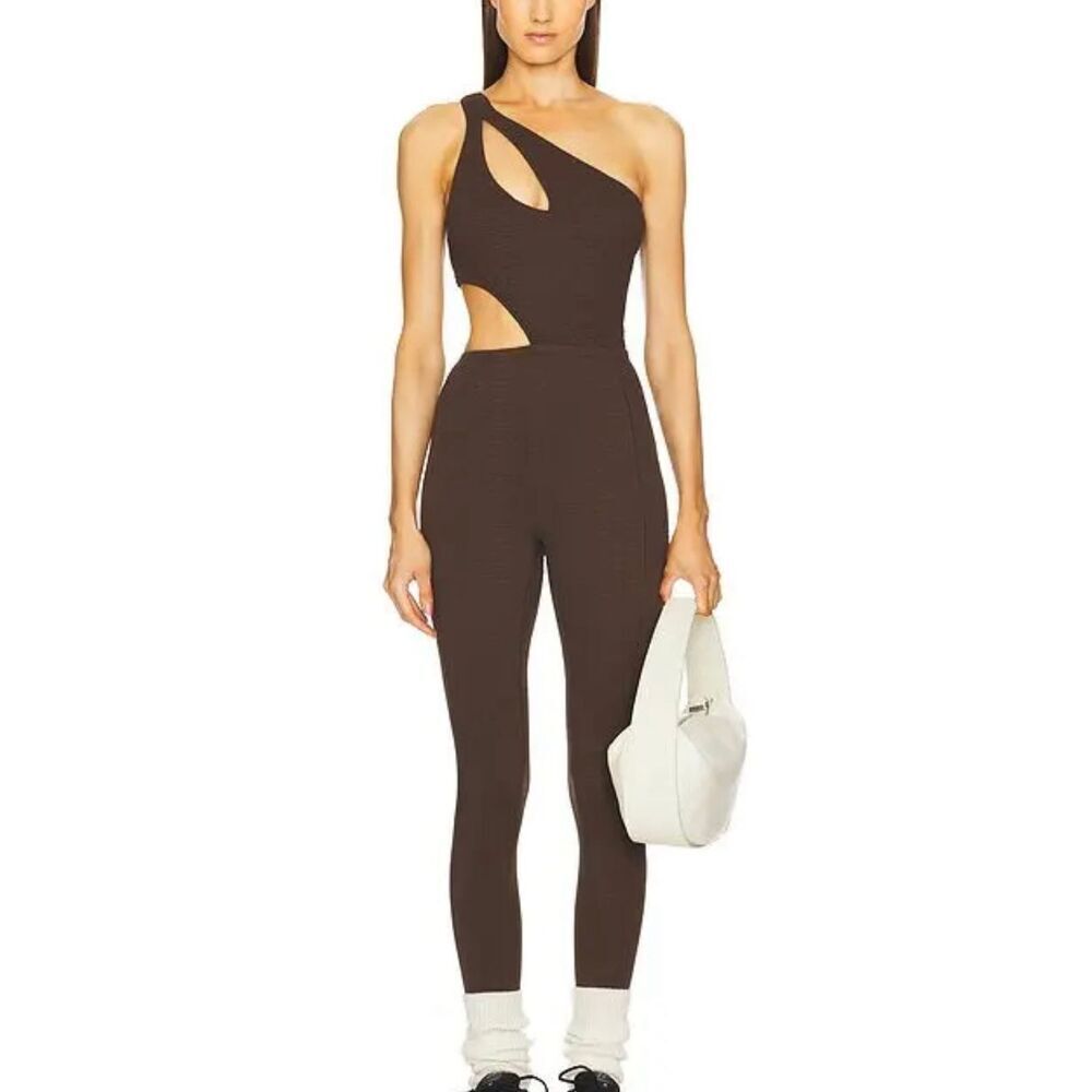 GigiC Asymmetrical Strap One Piece Catsuit Brown Snake Print Cutout Bodycon Sz M